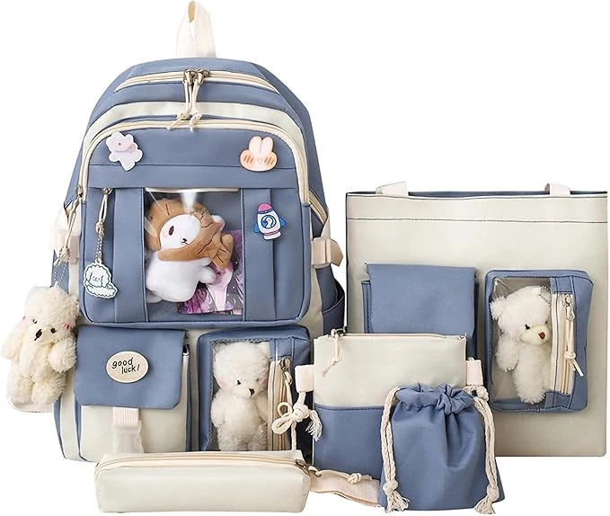 Kawaii Backpack 5Pcs Set Aesthetic School Bags 17in Cute Bookbag with Badge&Pend