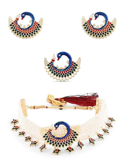 ZAVERI PEARLS Multicolor Meenakari Peacock Inspired Multistrand Pearls Choker Ne